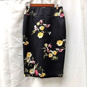 Carmen Marc Valvo floral black skirt yellow pink flowers green leaves spring med